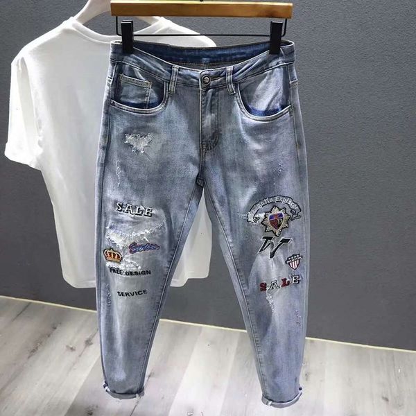 

light luxury high end casual fashion trend stretch embroidery hole slim fitting small leg jeans men's, Blue