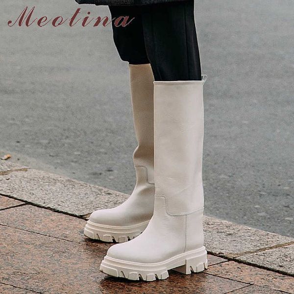 

meotina ins genuine leather boots women knee high design platform riding thick heel ladies autumn winter white 211006, Black