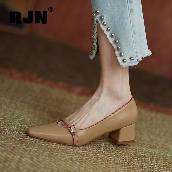 

rjn genuine leather women's pumps 2021 spring pointed toe square heel shallow slip-on shoes ladies high heels ro577, Black