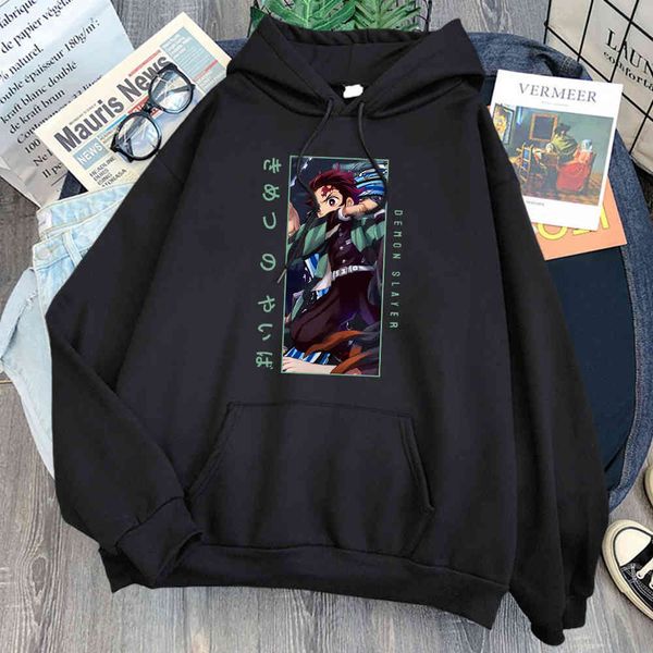 

men's hoodie, devil killer print, casual street cloth, harajuku animation, cartoon, tanjirou, Black