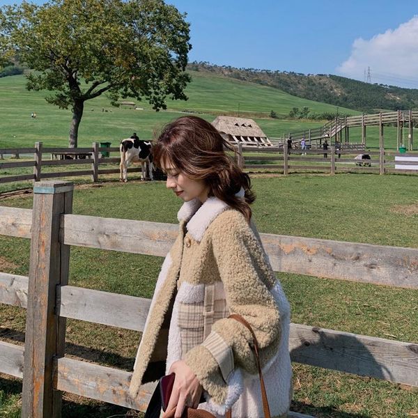 

women winter new korean version of lamb wool coat vintage female plus velvet thick loose stitching lamb cashmere coat, Black;brown