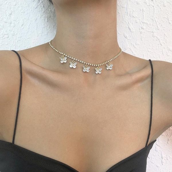 

chokers fashion butterfly jewelry rhinestone choker statement necklaces for women gold collar necklace luxury lady party accessories, Golden;silver