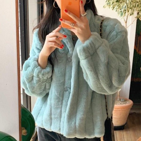 

women's fur & faux [ewq] korean chic autumn and winter stand collar fashion versatile plush warm short blue coat women tide 2021 16e460, Black