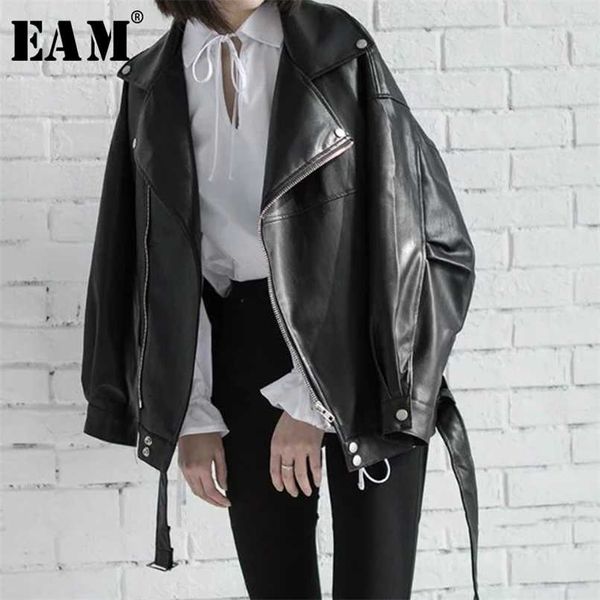 

[eam] spring black pu leather loose turn-down collar zipper fashion women's wild jacket la938 211105, Black;brown