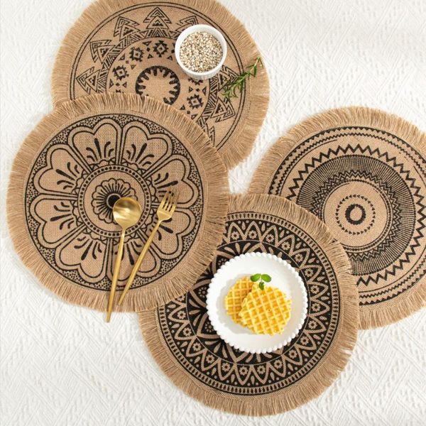 

mats & pads round multifunction heat insulation linen table mat non slip tassels kitchen decoration creative dinning hand woven placemat