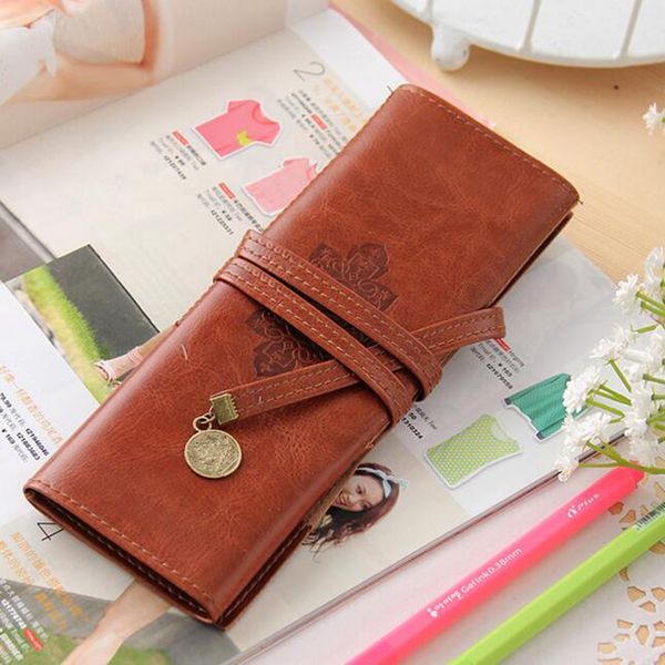 

1pcs pu leather creative retro pencil cases roll pen bag pouch for stationery supplies cosmetic bag