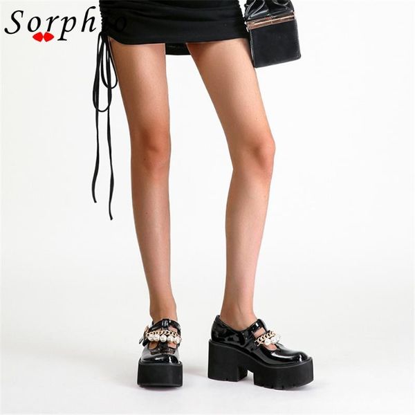 

dress shoes girls thick bottom pearl chain buckle strap marry jane pumps fashion casual sweet cute kroean style high quality, Black