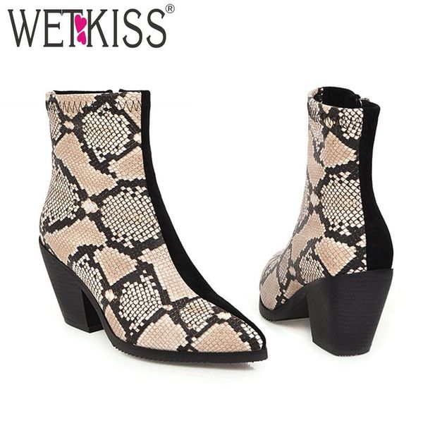 

boots wetkiss snake skin women western ankle boot female high heels shoes ladies pointed toe stitching winter big size 46, Black
