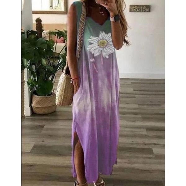 

casual dresses women long dress 2021 summer floral printed sleeveless sling v neck pocket fashion party club elegant, Black;gray