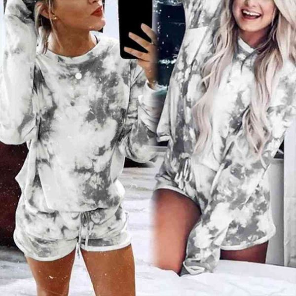 

mujer lounge wear shirts women tracksuits long sleeve two piece set shorts ensemble femme tie dye pijama camisetas summer, Gray