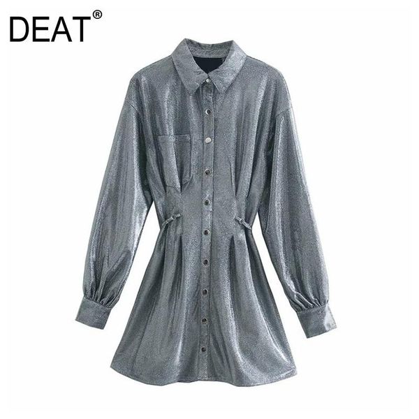 

casual dresses [deat] 2021 spring autumn fashion tide turn-down collar single-breasted long sleeve solid color a-line dress 13a956, Black;gray