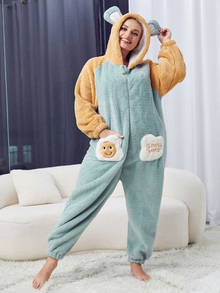 

plus 3d ear hooded sleep plush onesie 327k#, Black;white