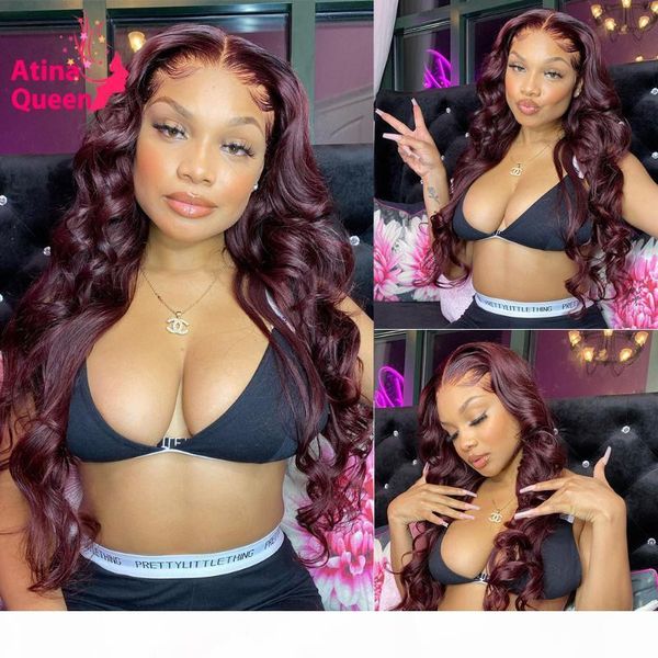 

colored body wave 99j burgundy lace front wig pre plucked glueless perruque longue red human hair wigs for women 250% density, Black;brown