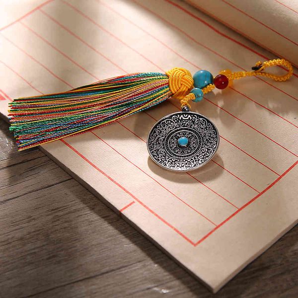

fine key chain multicolored tassel buddhist turning wheel jiugong bagua ping'an brand exquisite craft gift pendant, Silver