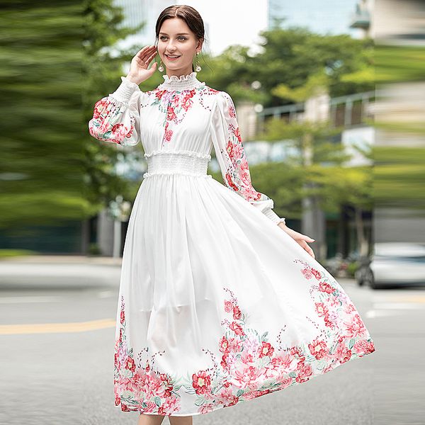 

runway autumn new women's party vacation elastic band long sleeve flowers print chiffon white midi dress esrn, Black;gray