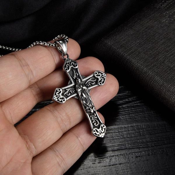 

pendant necklaces hand carving classic cross men necklace fashion vintage titanium steel width box hip hop punk chain for jewelry gift, Silver