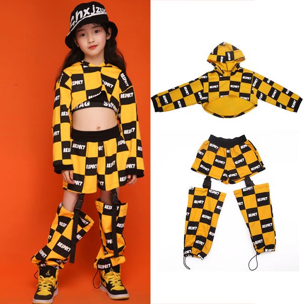 

hip hop costume kids girls hooded crop yellow splicing hiphop pants jazz performance dance clothes rave street wear vdb2241, Black;red
