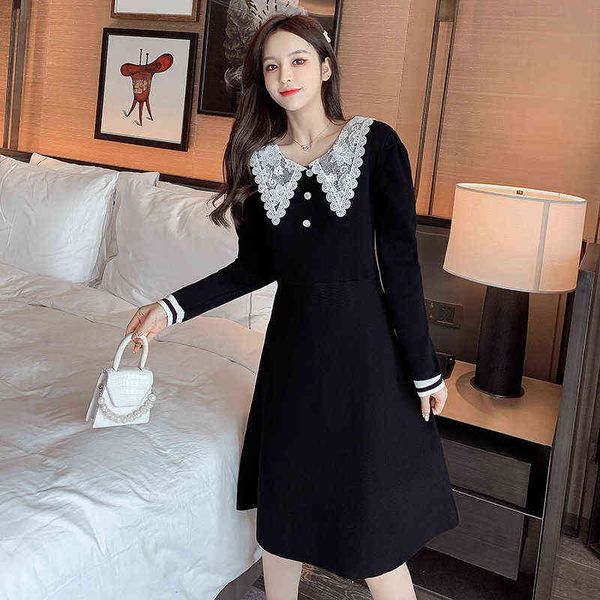 

casual dresses 2022 autumn baby collar slim small black skirt hepburn long sleeve knitted dr, Black;gray