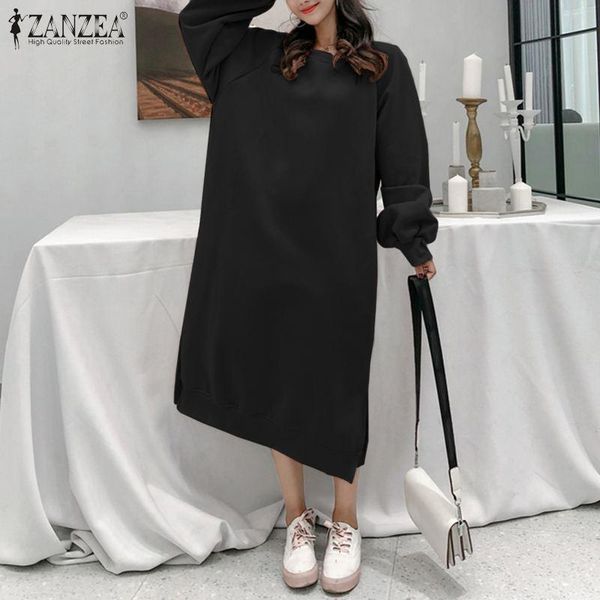 

casual dresses stylish long pullover zanzea winter autumn sweatshirt dress sleeve loose solid women sundress split vestidos, Black;gray