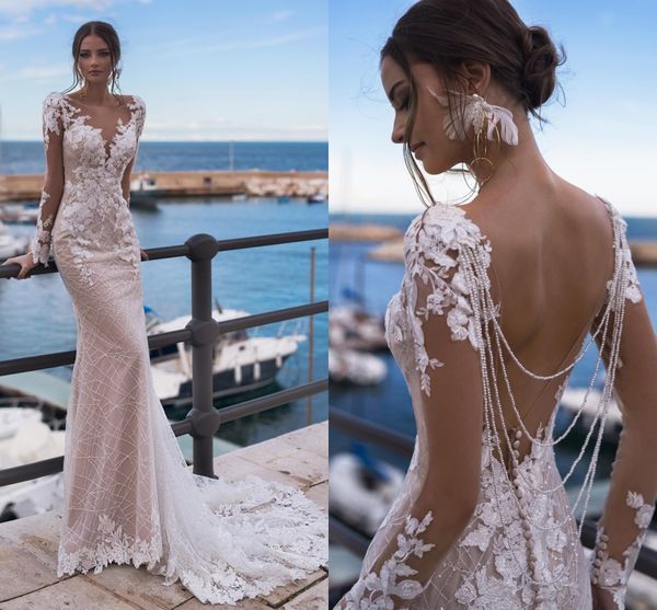 

unique bride luxury beading exquisite lace boho wedding dress long sleeves open back mermaid bridal gowns vestidos de noiva 2022, White