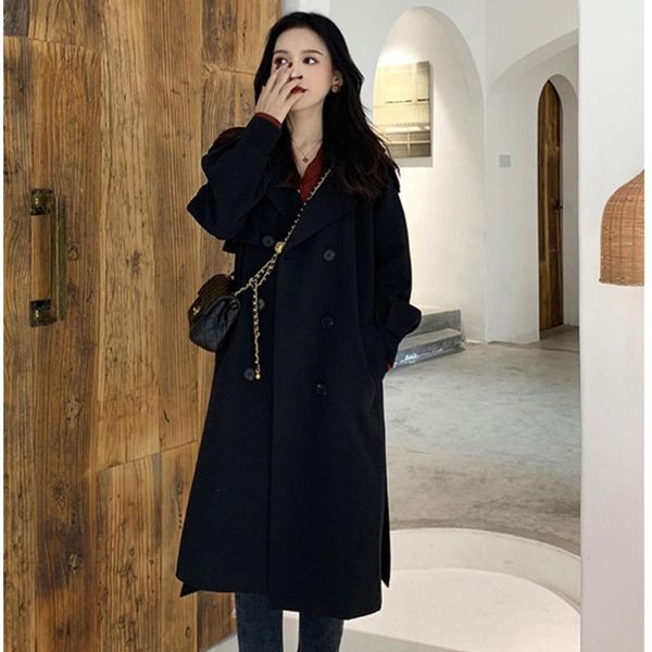 

women's trench coats windbreaker coat middle and long 2021 autumn winter high sense hepburn british korean keep warm loose clothing, Tan;black