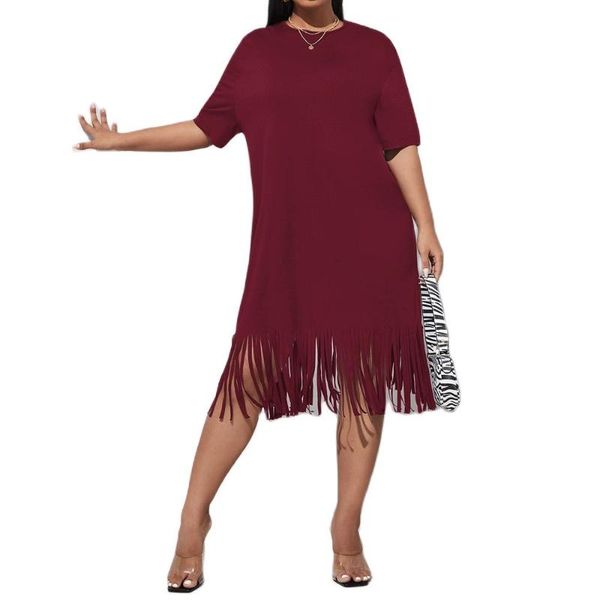 

plus size dresses 4xl women o-neck loose straight dress autumn short sleeve solid casual tassel design knee length vestido black red