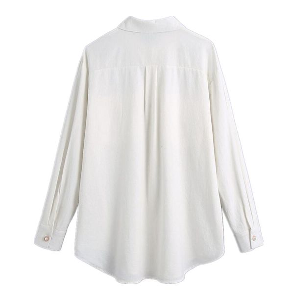 

2021 spring autumn chic lapel pearl buttons women shirt double pockets loose cotton casual blouse female fashion, White