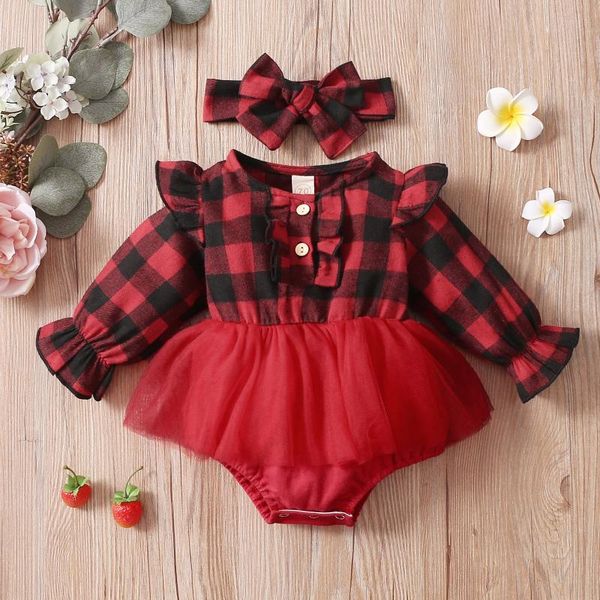 

clothing sets infant baby girls long sleeve plaid printed ruffle tulle romper bodysuit+headbands 2pcs outfit suit kids clothes, White