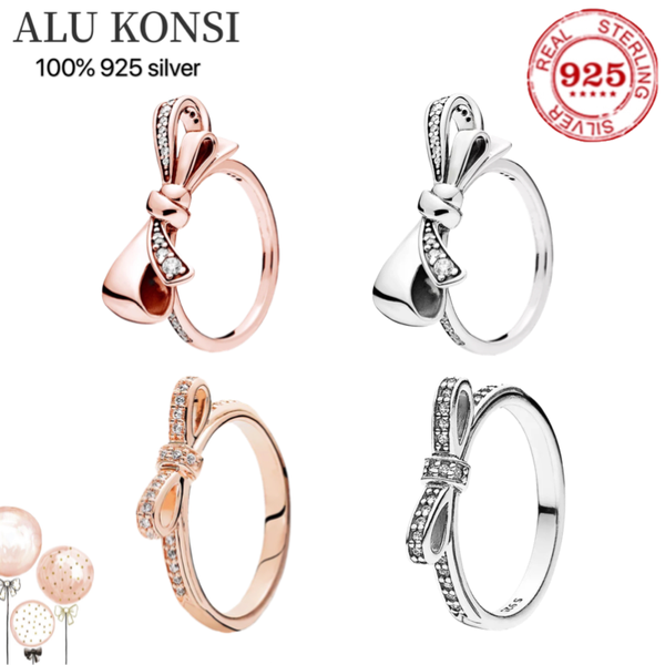 

luxury real 925 sterling silver pan ring for women crystal bowknot princess couple rings diy fashion wedding jewelry, Slivery;golden