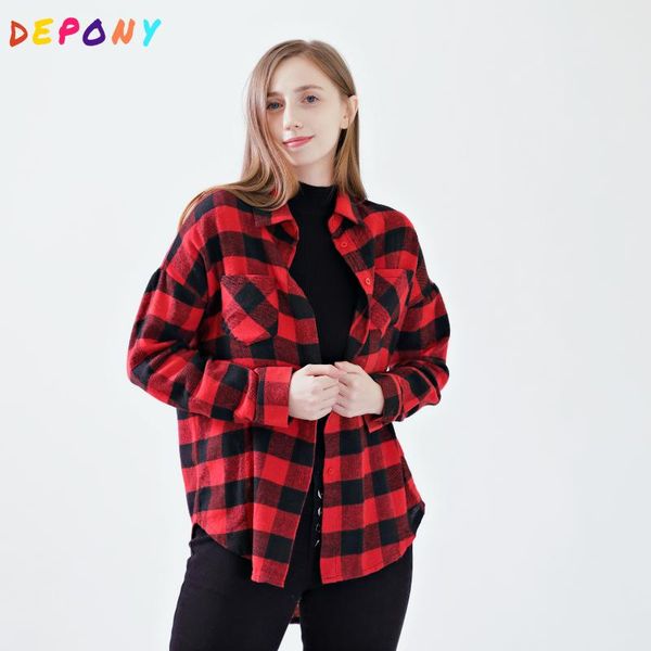 

2021 depony flannel women plaid shirt loose casual long sleeved shirts spring autumn chemise femme plus size, White