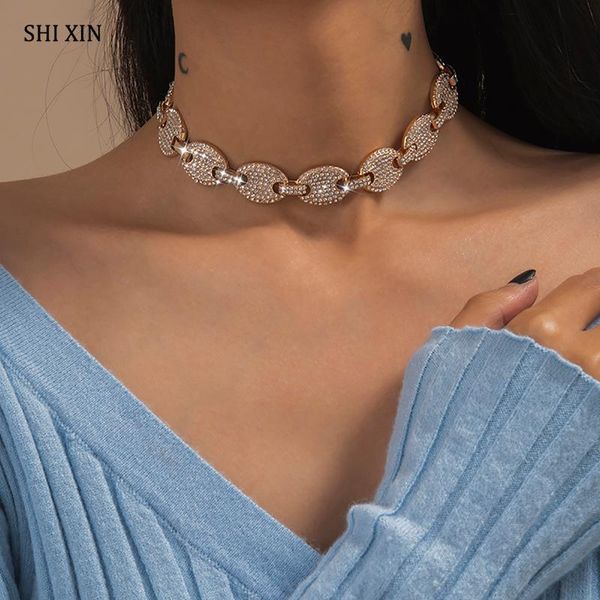 

shixin pig nose designer iced out chain choker necklace for women hip hop full rhinestone necklace on neck fashion jewelry gifts, Golden;silver