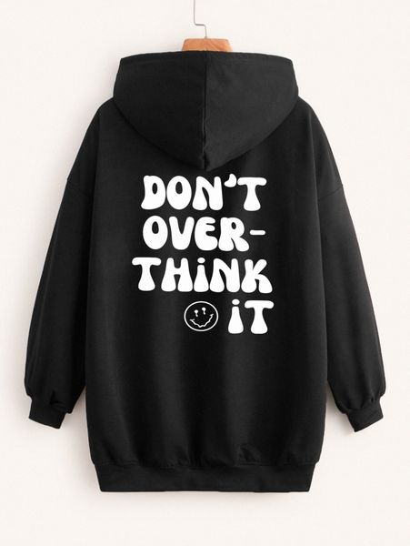 

slogan & cartoon face print drop shoulder drawstring hoodie i5lu#, White;black