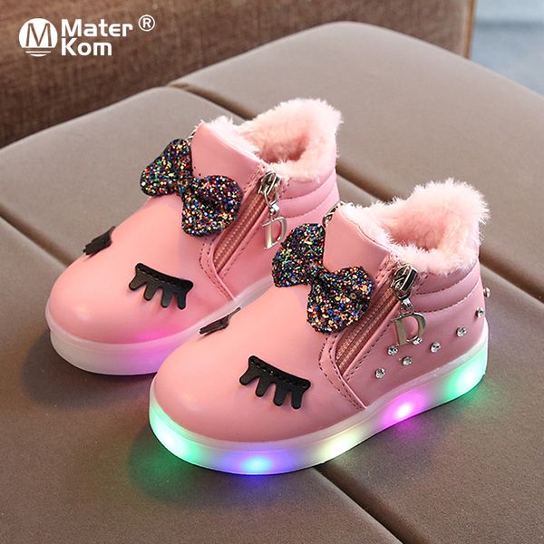

size 21-30 children led light up anti-slippery warm cotton shoes luminous sneakers for baby girls sneakers with luminous sole 210308, Black