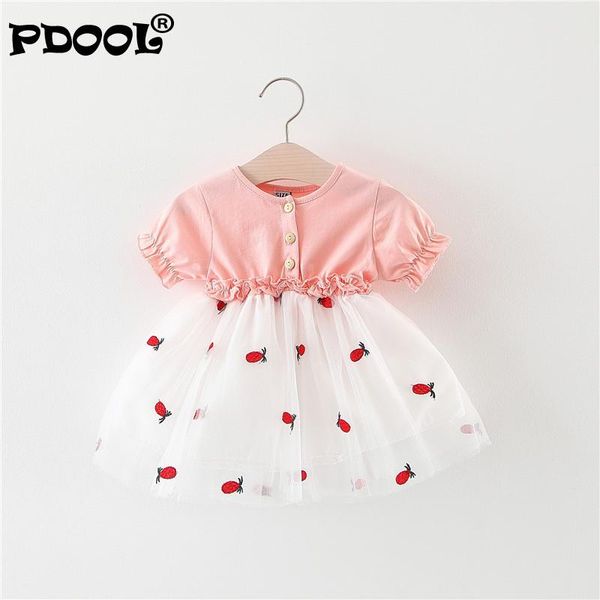 

girl's dresses shortsleeve spliced mesh princess dress for children soft cotton born baby girl summer clothes printing kid, Red;yellow