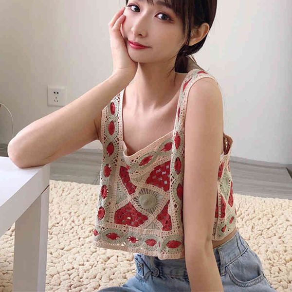 

women's t-shirt korean knit women crop hollow out loose cotton camis argyle fashion summer pullover tanks casual female s, White