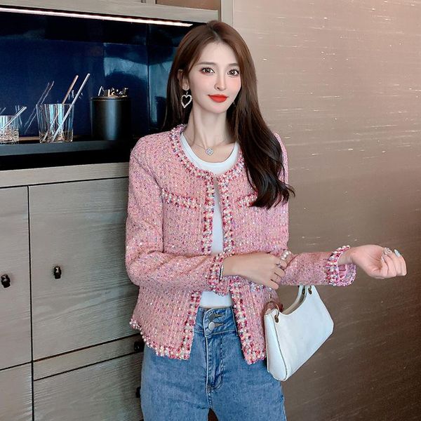 

women's jackets runway pink tweed jacket coat 2021 autumn long sleeve woolen beaded short, Black;brown