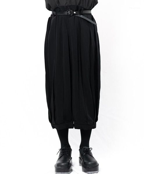 

men's pants casual shorts yamamoto style pleated skirt dark loose capris tight, Black