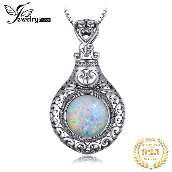 JewelryPalace Vintage 2.5ct Round Cabochon Criado Opal Escultura Coração Pingente Colar 925 Jóias De Prata Esterlina Sem Chain 210721