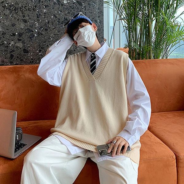 

men's vests men sweater basic solid oversize side-slit knitted students autumn all-match sleeveless jumpers males soft couple, Black;white