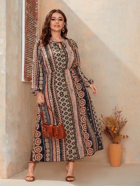 

plus allover print lantern sleeve dress without belt r5vi#, Black