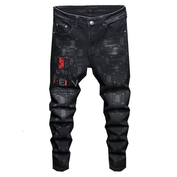 

men's original design style fashion mid-waist mens jeans letter printing black slim trendy pants 3001 tl0s, Blue