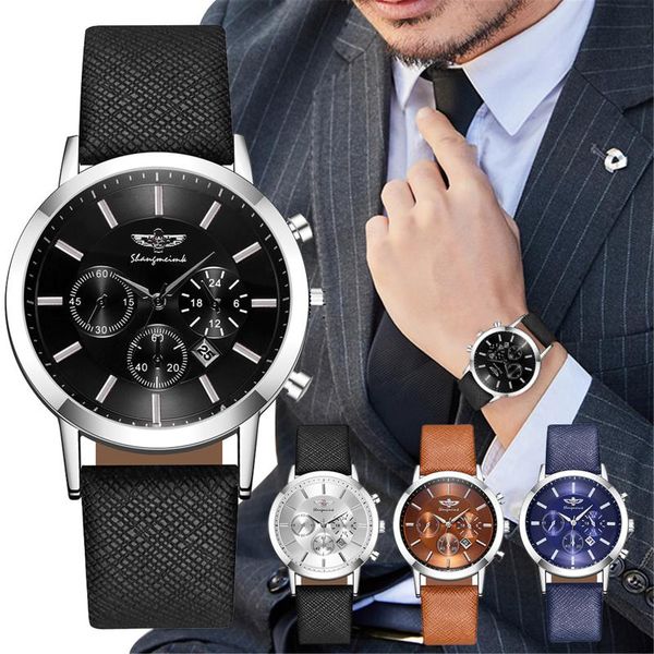

wristwatches 2021 men business watches leather band mens fashion black quartz analog wrist watch for man gift calendar reloj hombre, Slivery;brown