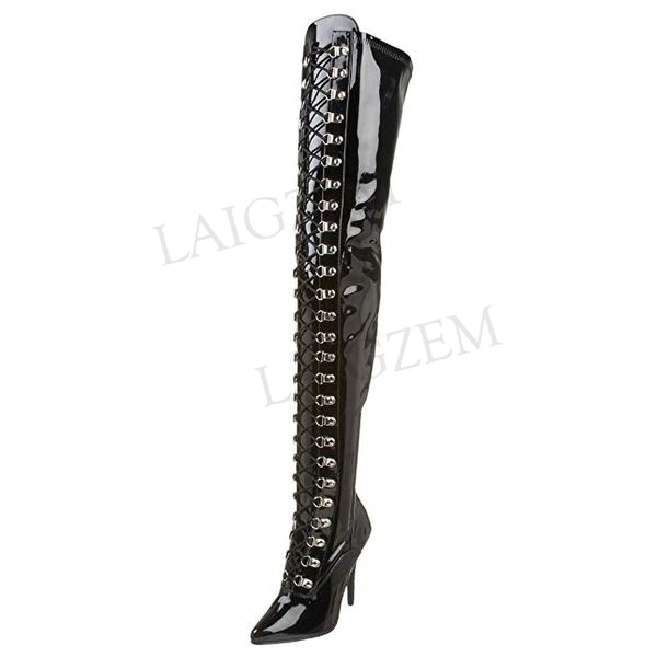 

boots laigzem women thigh high wide calf lace up long zipper stiletto party club shoes botines mujer big size 34-47 u638, Black