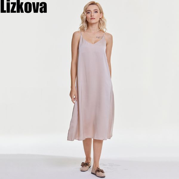 

lizkova summer satin dress women v-neck sleeveless vestidos green spaghetti strap robe strap adjust 210309, Black;gray
