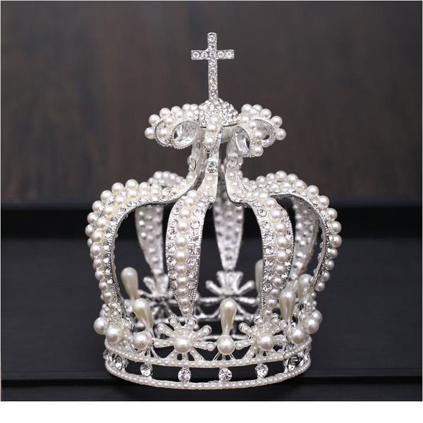 

bridal crown headdress baroque crystal pearl crown gold round crown queen tiara jewelry party wedding hair acc jllhkn, Silver