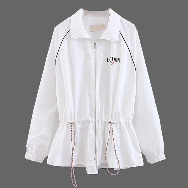 

women's jackets 2021 vintage embroidery letter casual jacket black white women lapel drawstring waist zipper coat jean outerwear, Black;brown