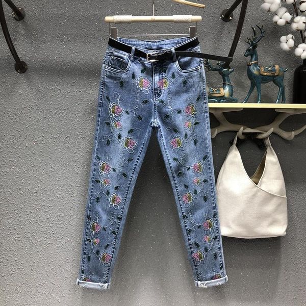 

fashion drilling flower embroidery women denim trousers spring autumn high waist slim cotton elastic pencil pants women's jeans, Blue