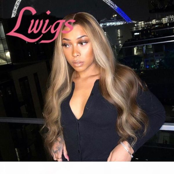 

highlight lace front human hair wigs honey blonde body wave lace front wig pre plucked brazilian 13x4 wigs for women, Black;brown