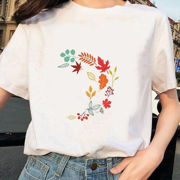 

summer loose short sleeved leaf womens t shirts print o neck sleeve plus size, White