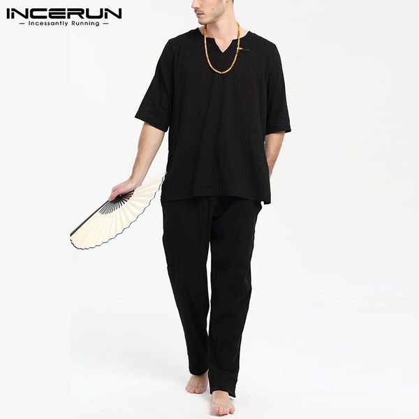 

men's tracksuits 2021 vintage men sets solid color loose v neck short sleeve casual t shirt drawstring pants leisure suits 2 pieces inc, Gray